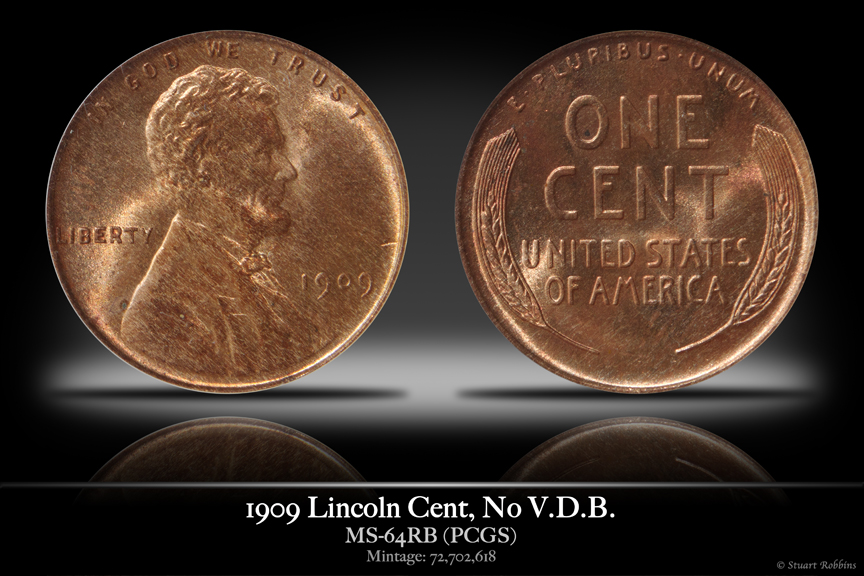 1909 MS-64RB Lincoln Cent, Wheat Reverse, No V.D.B.